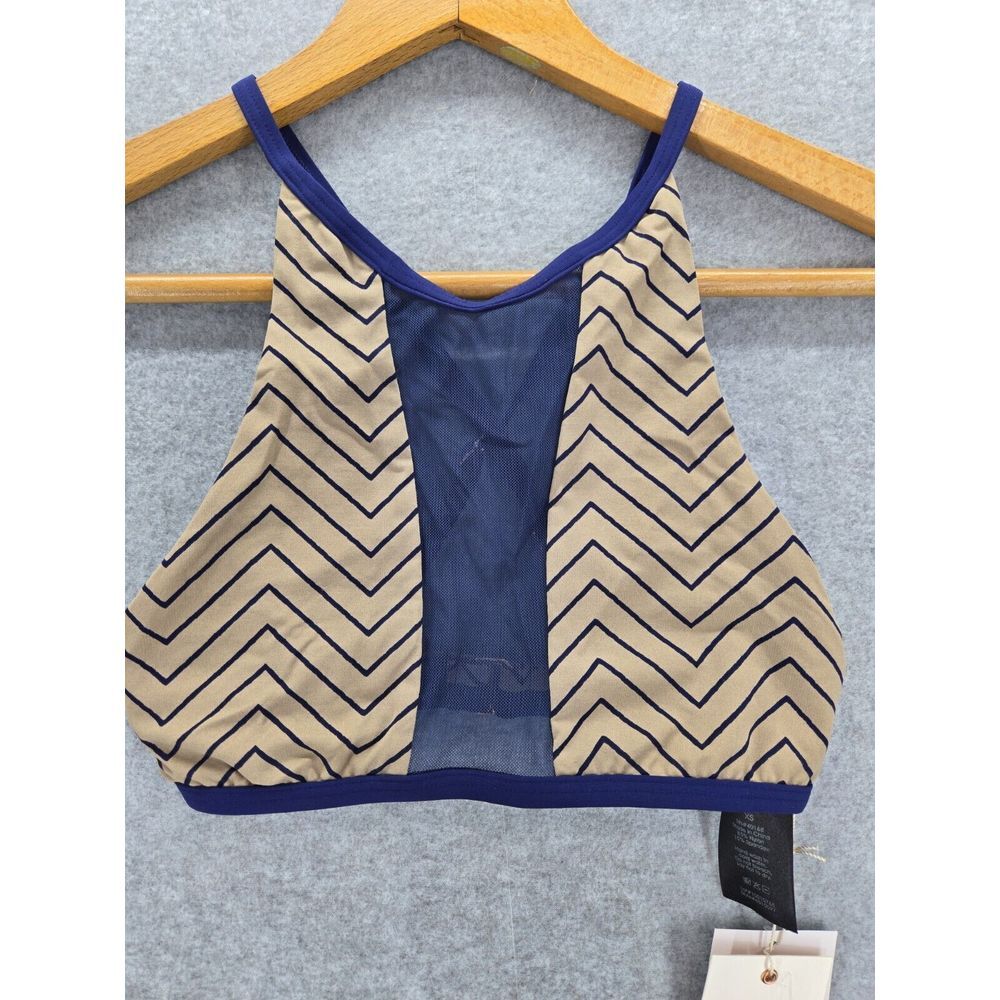 Kikirio High Neck Festival Mesh Center Striped Navy Beige‎ Bikini Top Women XS
